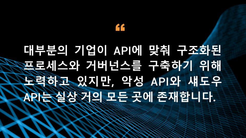 대부분의 기업이 API에 맞춰 구조화된 프로세스와 거버넌스를 구축하기 위해 노력하고 있지만, 악성 API와 섀도우 API는 실상 거의 모든 곳에 존재합니다.