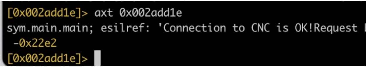 To understand how the HinataBot malware establishes a connection to its C2, we worked backward from the string "Connection to CNC is OK!" and began searching for cross-references to the string (Figure 16). 