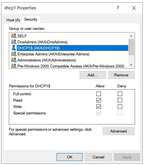 A Figura 31 mostra um exemplo. Nosso servidor DHCP dhcp1.aka.test record inicialmente tem uma ACL segura.