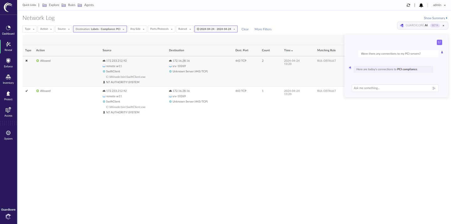 Você poderá usar solicitações de linguagem natural para obter rapidamente informações relevantes e críticas sobre conexões com servidores rotulados por PCI em toda a sua rede (Figura 4).