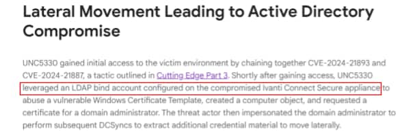 Relatório do Mandiant mencionando uma conta LDAP comprometida