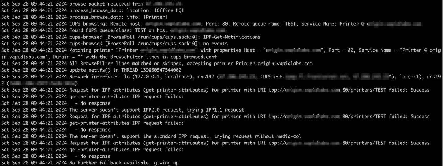 We can see from the logs for the cups-browsed daemon that the browsed attempts at fetching the IPP attributes are ultimately what generates these requests directed at the targeted host (Figure 6). 