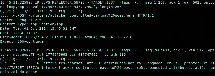 If we look closer at the two received packets that contained the actual request data, we can see the raw IPP request, and the accompanying POST data, partially attacker-controlled, coming from the CUPS service (Figure 5).