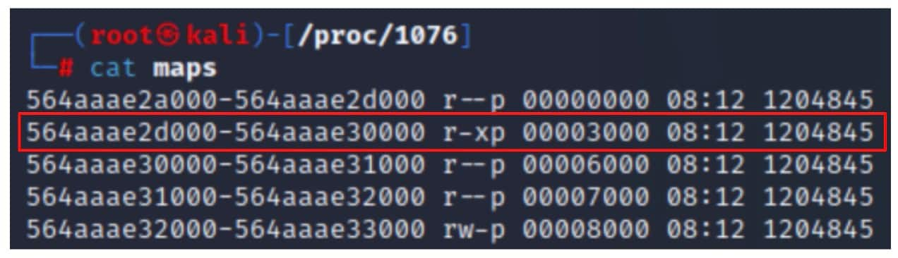 We can find such a region by parsing the previously mentioned procfs maps file, and identifying a memory region with execute (x) permissions (Figure 5).