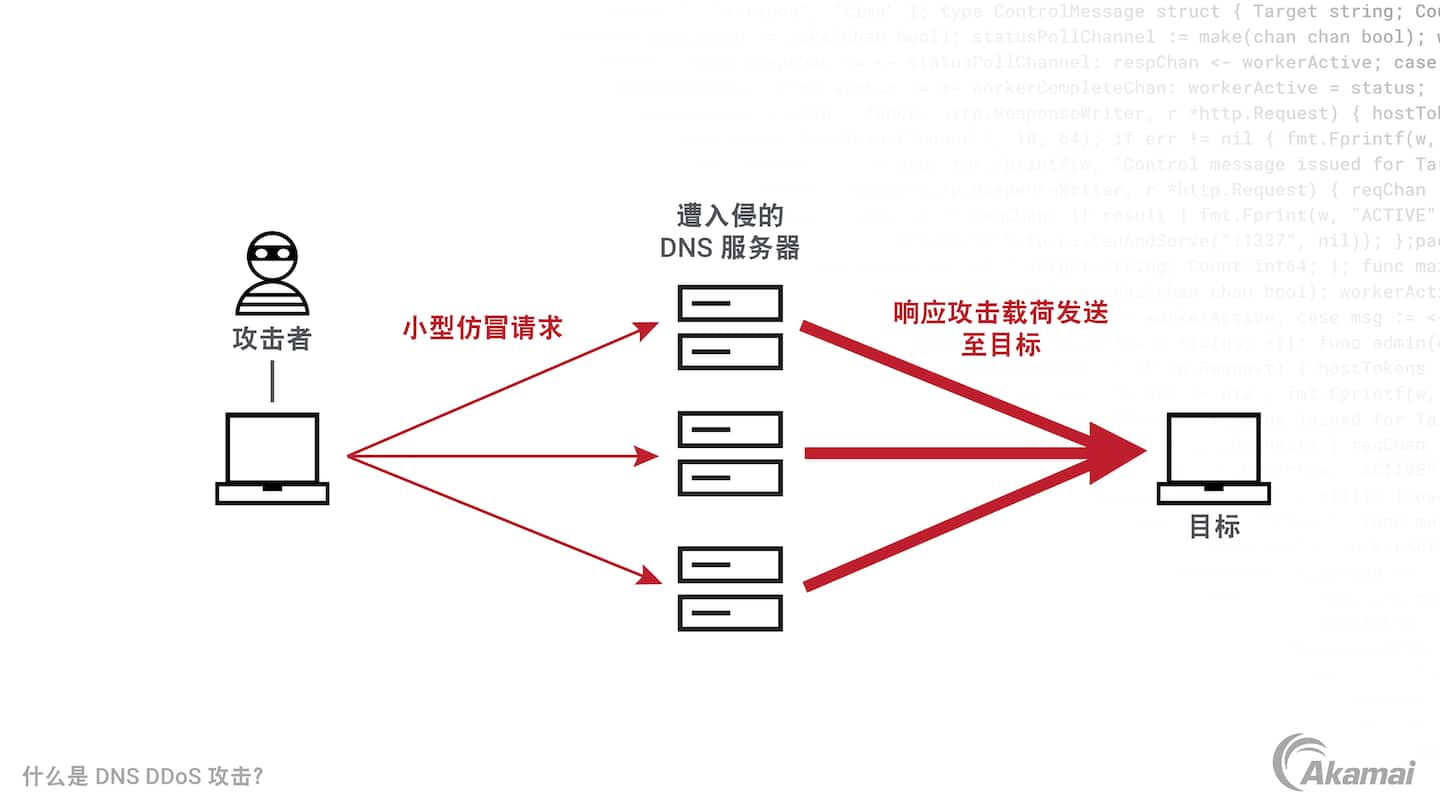 DNS DDoS 攻击工作原理示意图。