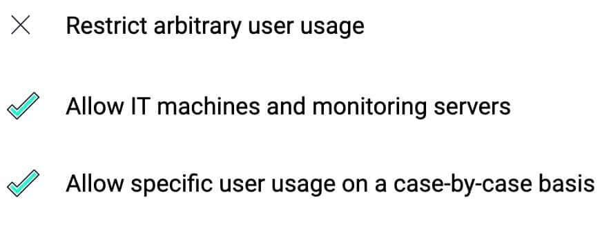 概述 PowerShell、WinRM 和 WMI 指导原则的表。(1) 限制任意用户使用。(2) 允许 IT 设备和监控服务器。(3) 视具体情况允许特定用户使用。