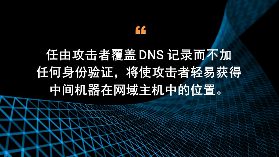 任由用户覆盖 DNS 记录而不加任何身份验证，将使攻击者在网域中的主机上轻易获得“中间机”的位置。